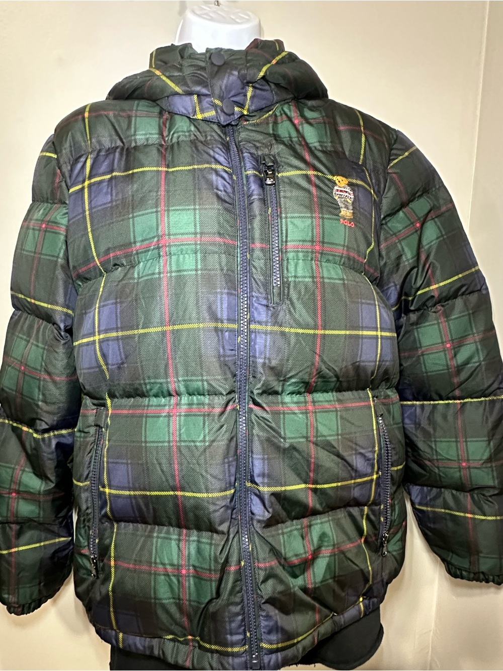 Polo by Ralph Lauren Green Navy Plaid Puffer Jacket with Hood